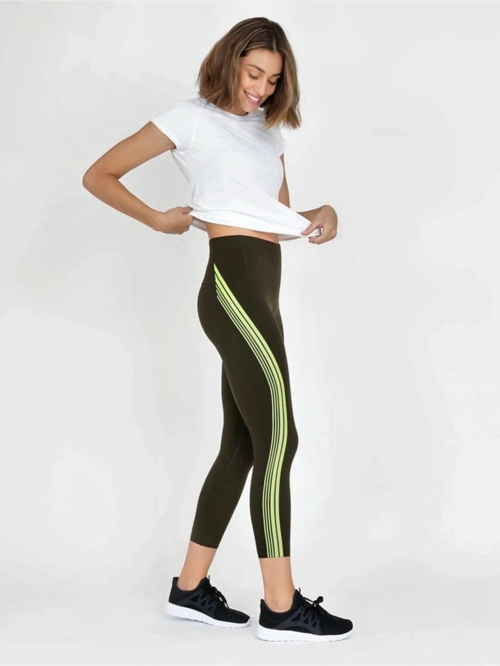 SPANX Striped Athletic Leggings in Black & Green Like New